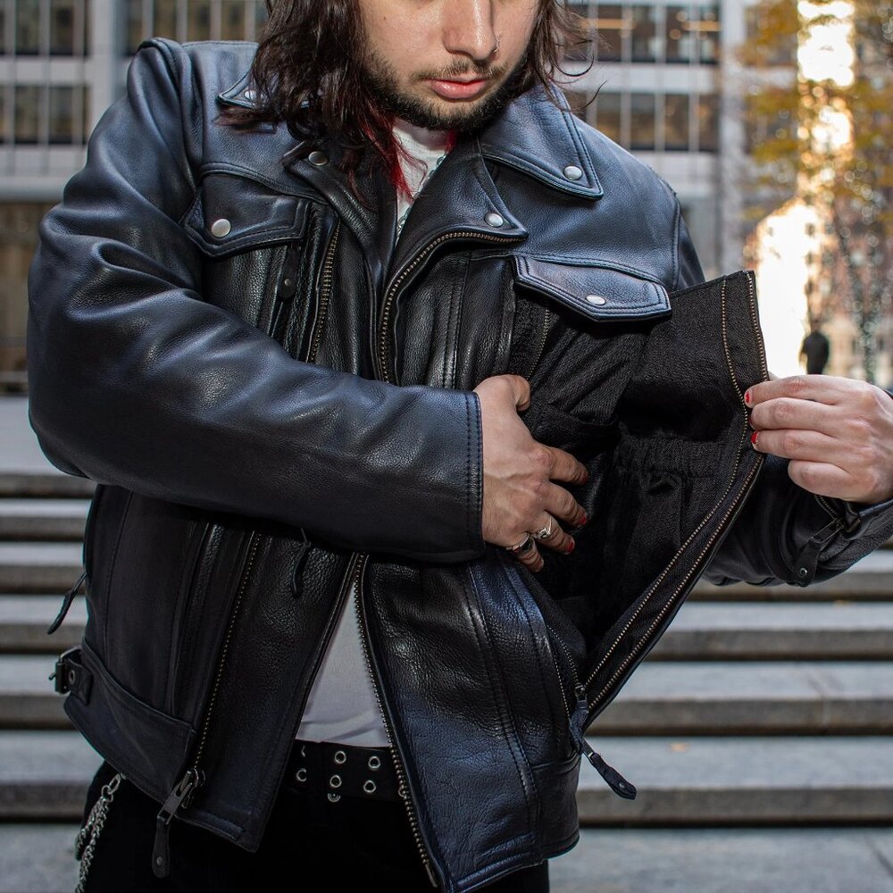 Mens Genuine Leather Motorcycle Biker Jacket Black Zip Up Mastermind